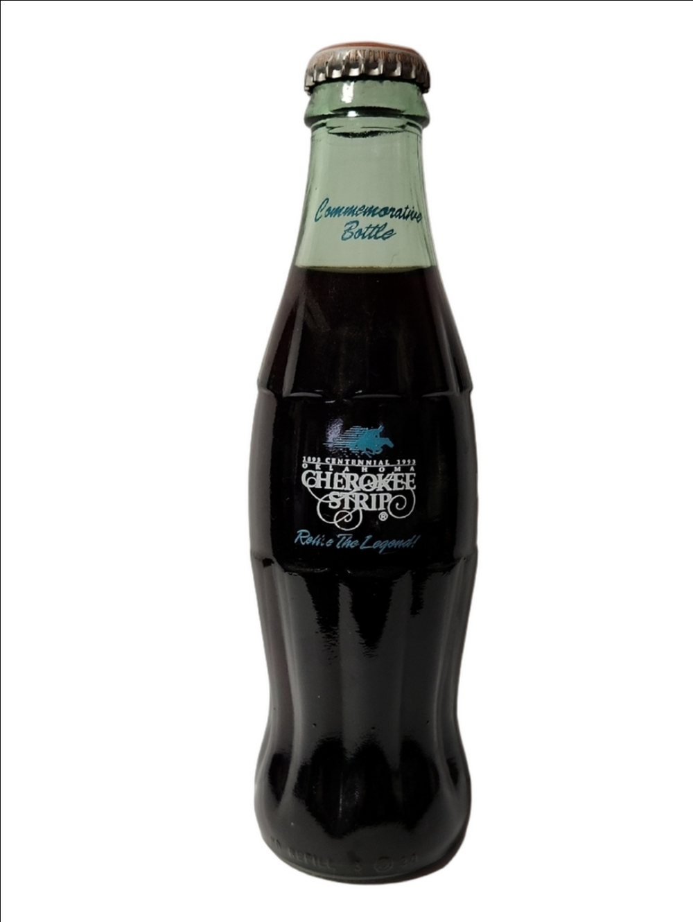 Cherokee Strip Commemorative Soda Bottle - Green Top, Black Glass